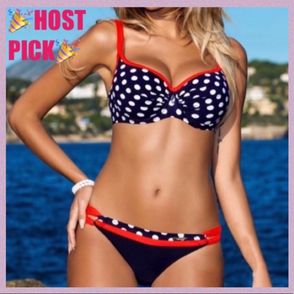 NAVY BLUE MOLDED CUP BIKINI WITH WHITE POLKA DOTS - Picture 1 of 8